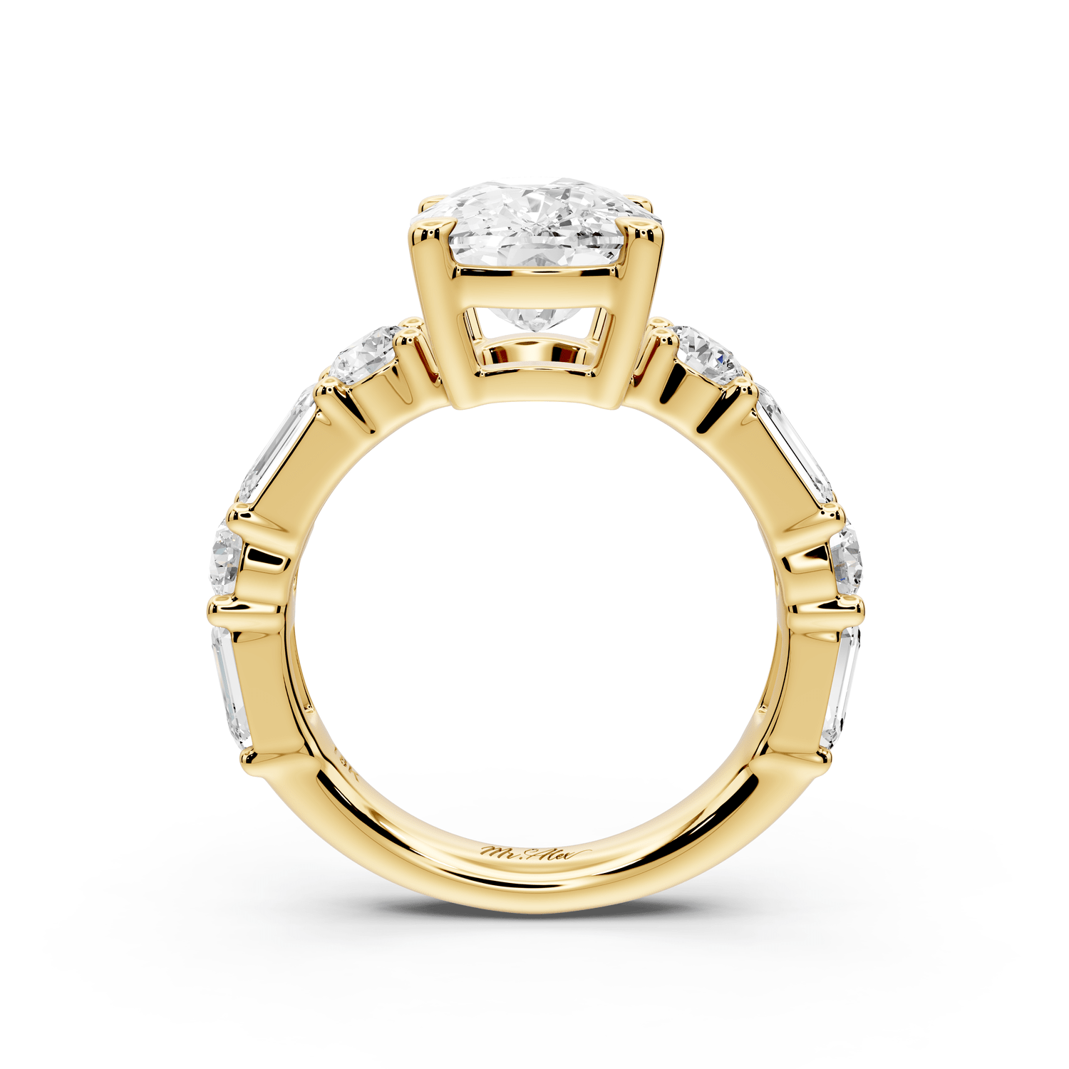 Juliette - 4ct 18k yellow gold ecushion with Alternating Round and Emerald 8 - Stone Band Engagement Ring - Mr. Alex Jewelry