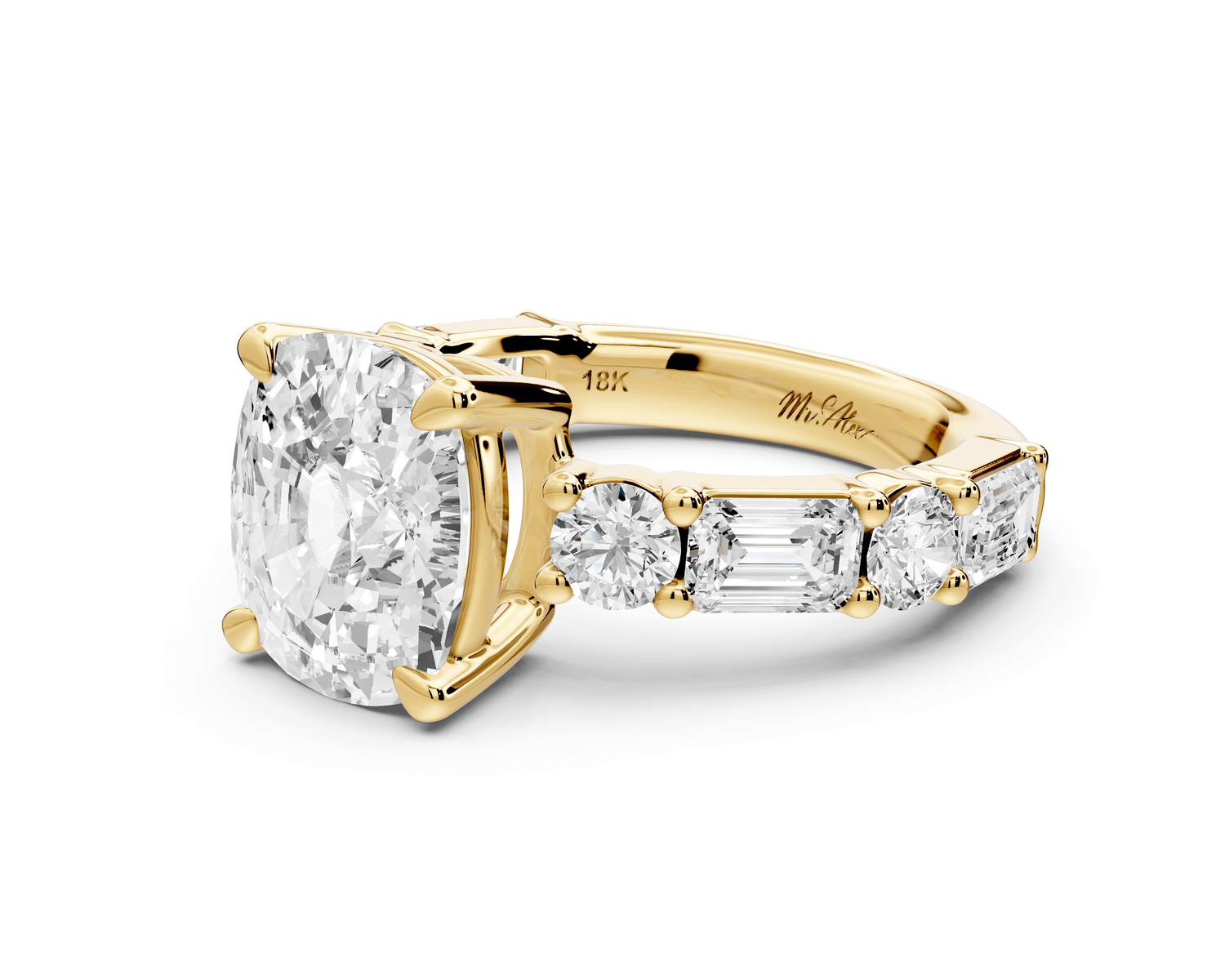 Juliette - 4ct 18k yellow gold ecushion with Alternating Round and Emerald 8 - Stone Band Engagement Ring - Mr. Alex Jewelry