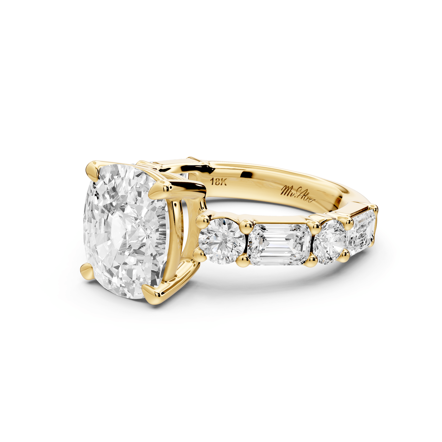 Juliette - 4ct 18k yellow gold ecushion with Alternating Round and Emerald 8 - Stone Band Engagement Ring - Mr. Alex Jewelry