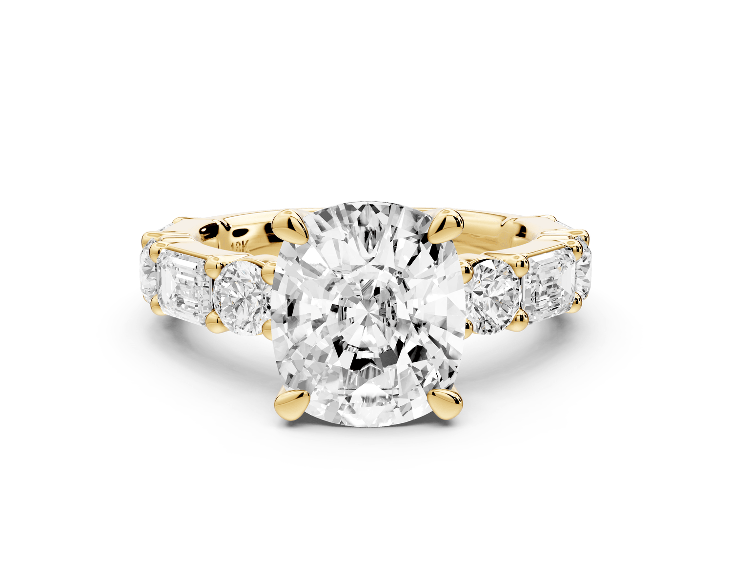 Juliette - 4ct 18k yellow gold ecushion with Alternating Round and Emerald 8 - Stone Band Engagement Ring - Mr. Alex Jewelry