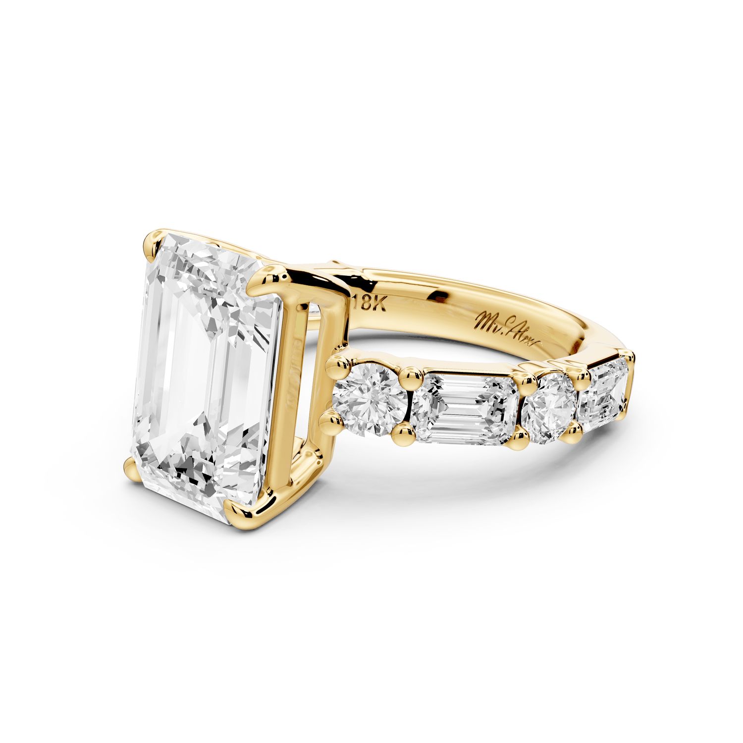 Juliette - 4ct 18k yellow gold emerald with Alternating Round and Emerald 8 - Stone Band Engagement Ring - Mr. Alex Jewelry