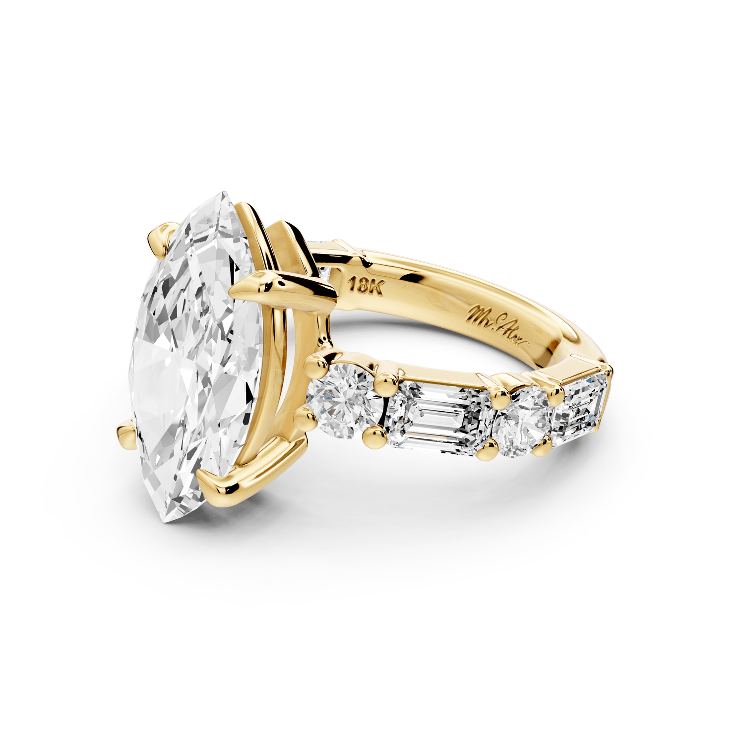 Juliette - 4ct 18k yellow gold marquise with Alternating Round and Emerald 8 - Stone Band Engagement Ring - Mr. Alex Jewelry