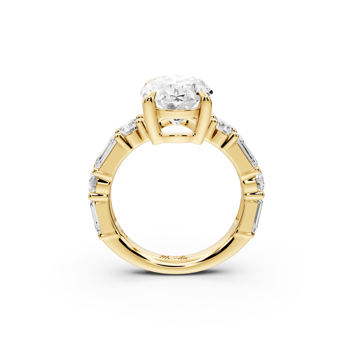 Juliette - 4ct 18k yellow gold oval with Alternating Round and Emerald 8 - Stone Band Engagement Ring - Mr. Alex Jewelry