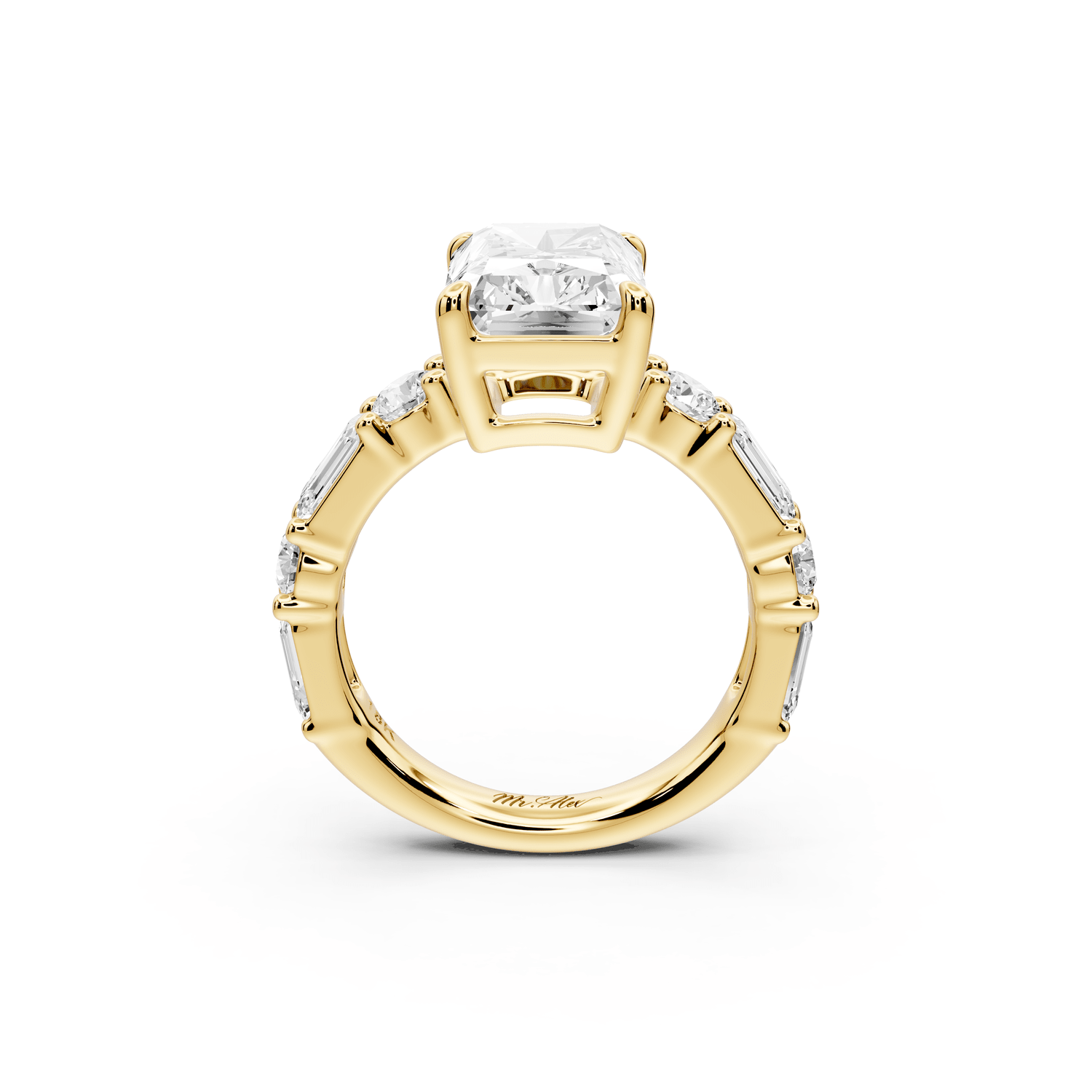 Juliette - 4ct 18k yellow gold radiant with Alternating Round and Emerald 8 - Stone Band Engagement Ring - Mr. Alex Jewelry