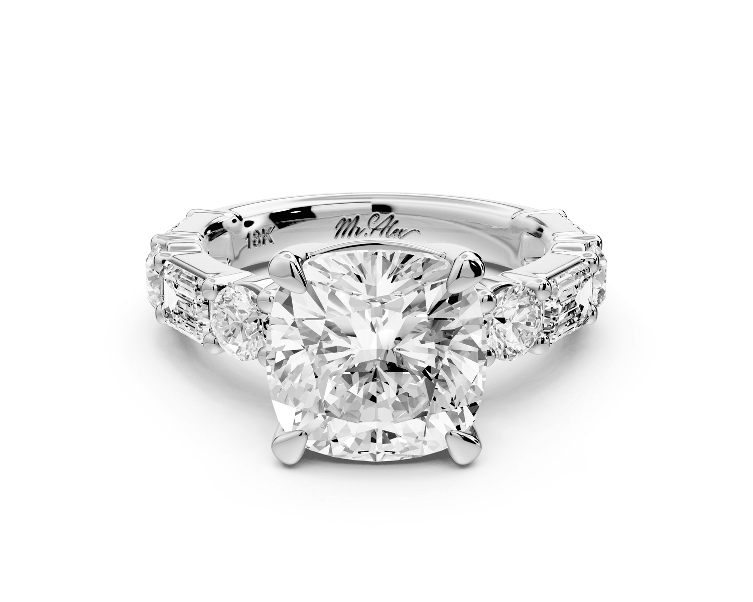 Juliette - 4ct platinum cushion with Alternating Round and Emerald 8 - Stone Band Engagement Ring - Mr. Alex Jewelry