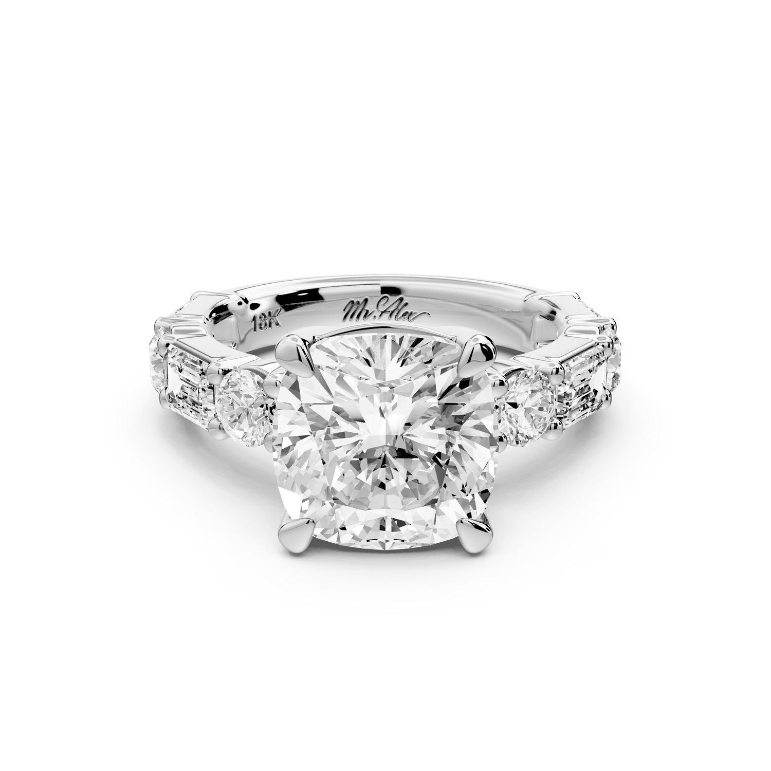 Juliette - 4ct platinum cushion with Alternating Round and Emerald 8 - Stone Band Engagement Ring - Mr. Alex Jewelry