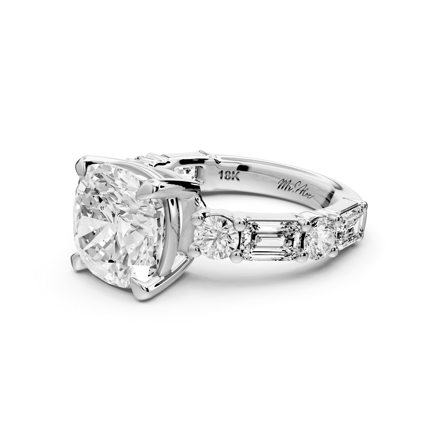 Juliette - 4ct platinum cushion with Alternating Round and Emerald 8 - Stone Band Engagement Ring - Mr. Alex Jewelry
