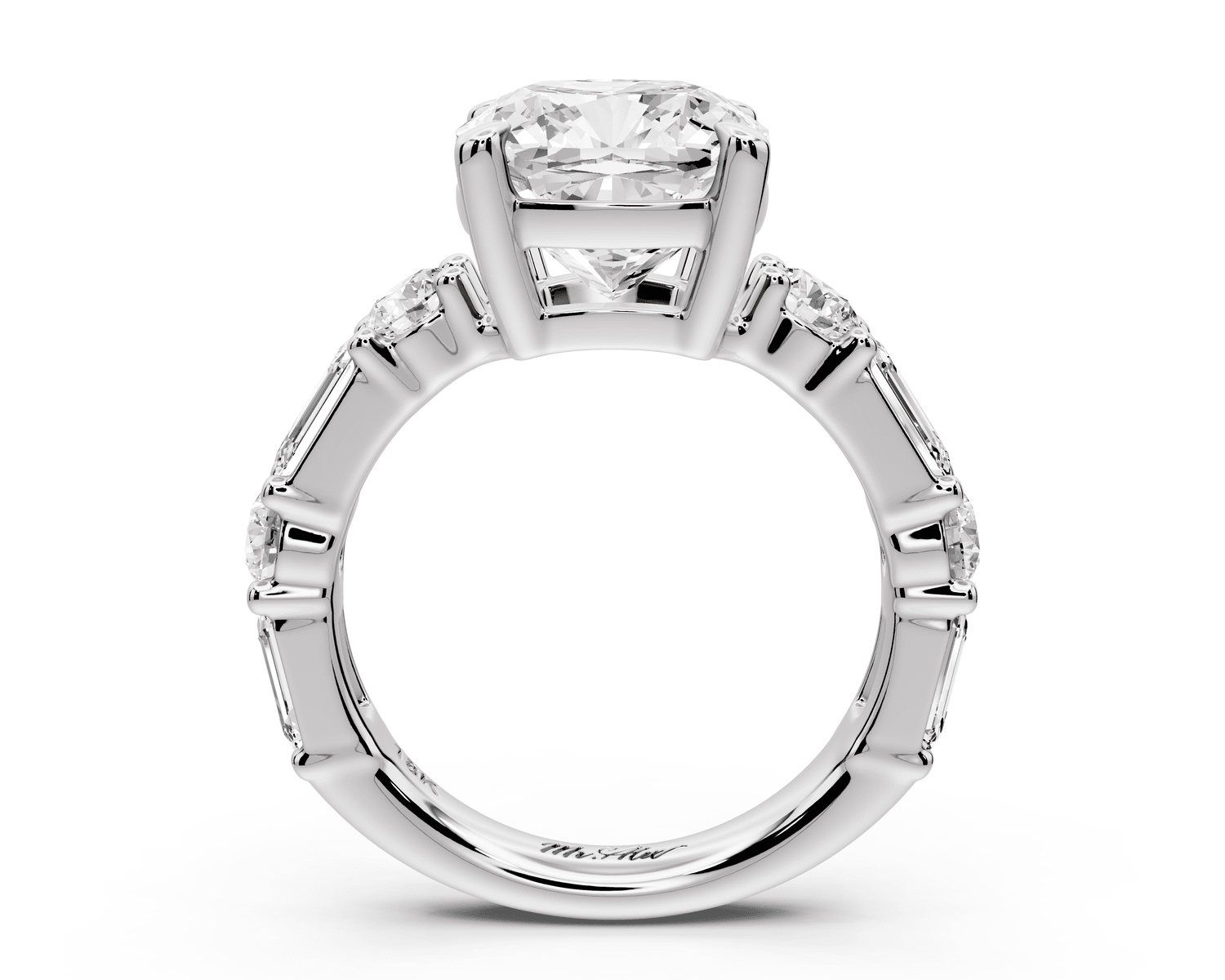 Juliette - 4ct platinum cushion with Alternating Round and Emerald 8 - Stone Band Engagement Ring - Mr. Alex Jewelry