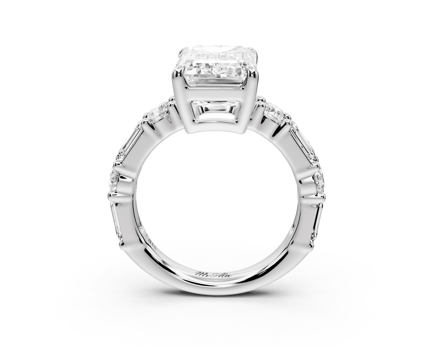 Juliette - 4ct platinum emerald with Alternating Round and Emerald 8 - Stone Band Engagement Ring - Mr. Alex Jewelry