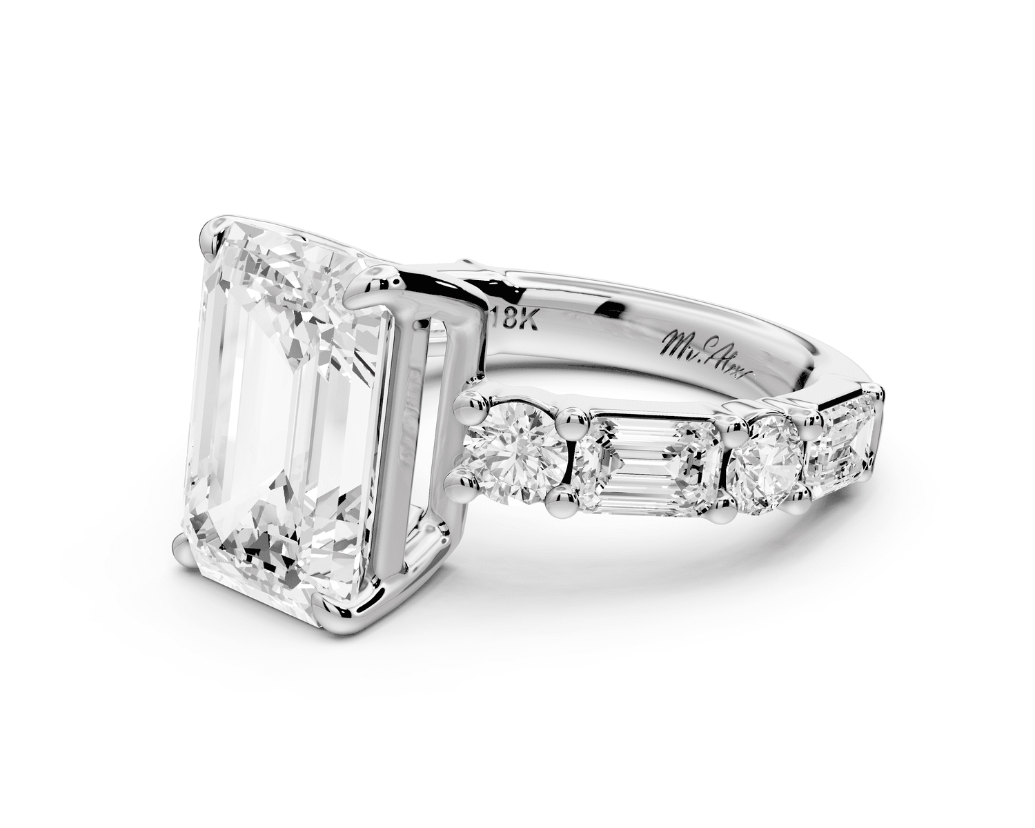 Juliette - 4ct platinum emerald with Alternating Round and Emerald 8 - Stone Band Engagement Ring - Mr. Alex Jewelry