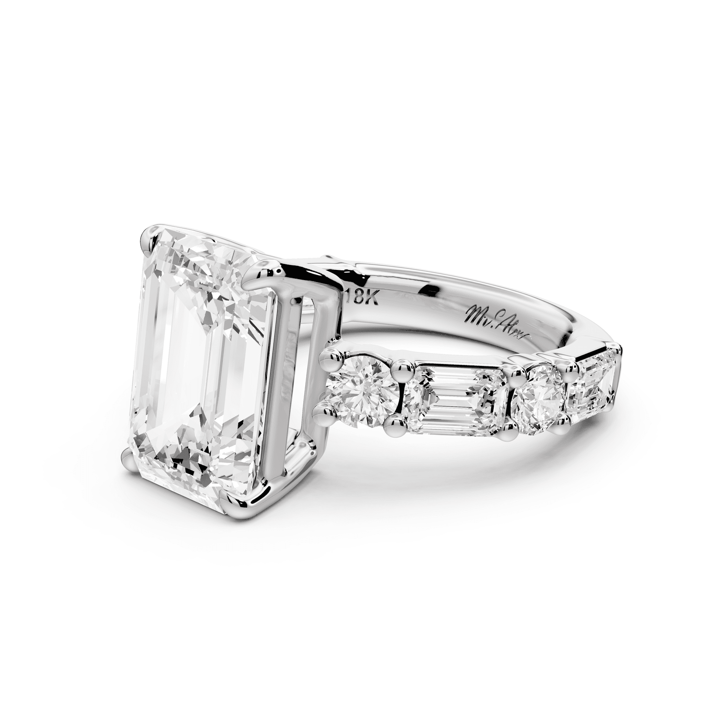 Juliette - 4ct platinum emerald with Alternating Round and Emerald 8 - Stone Band Engagement Ring - Mr. Alex Jewelry