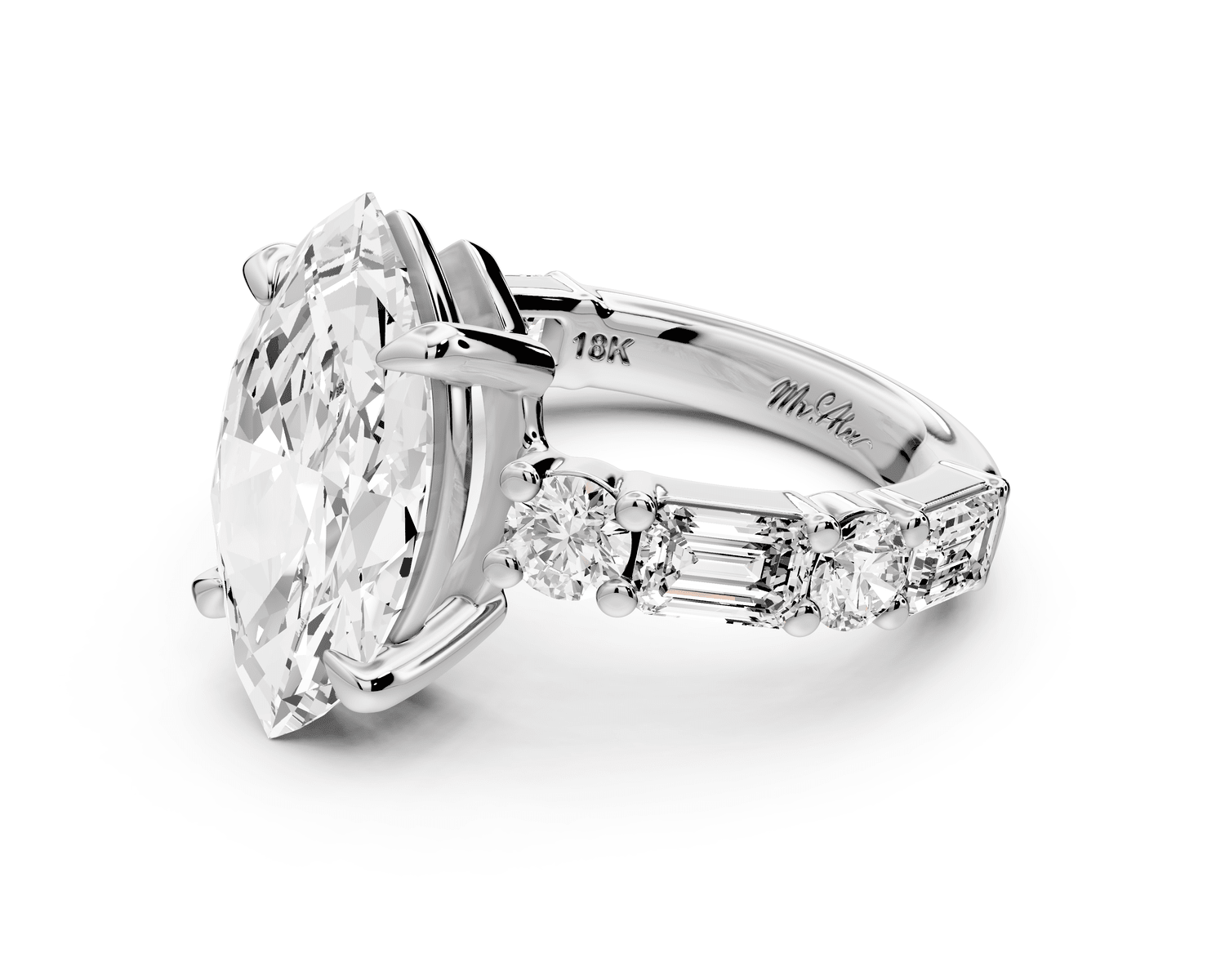 Juliette - 4ct platinum marquise with Alternating Round and Emerald 8 - Stone Band Engagement Ring - Mr. Alex Jewelry