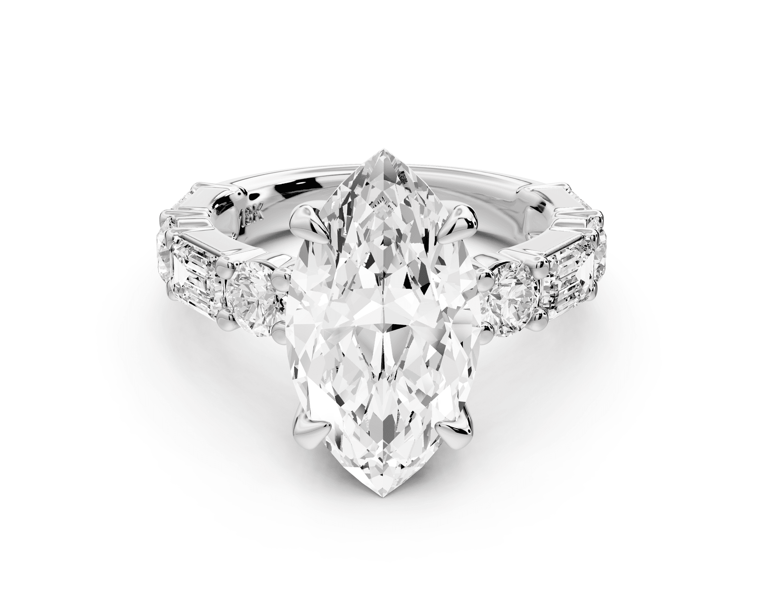 Juliette - 4ct platinum marquise with Alternating Round and Emerald 8 - Stone Band Engagement Ring - Mr. Alex Jewelry