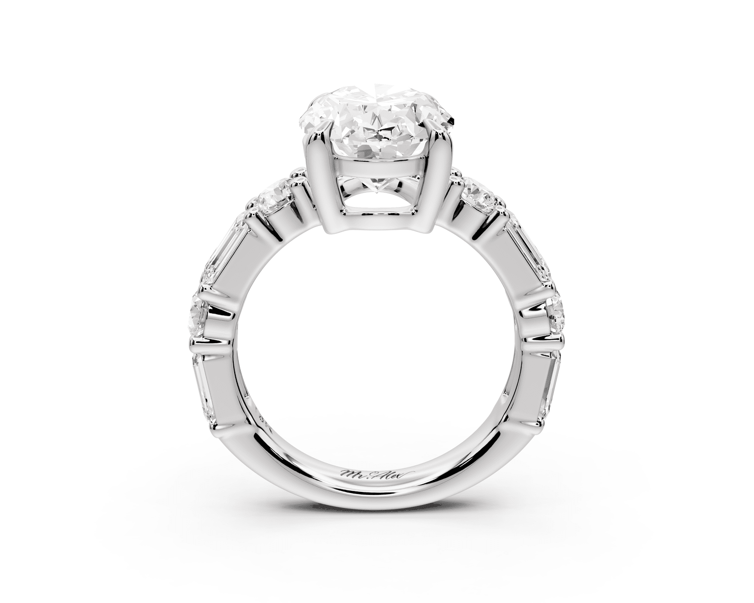 Juliette - 4ct platinum oval with Alternating Round and Emerald 8 - Stone Band Engagement Ring - Mr. Alex Jewelry