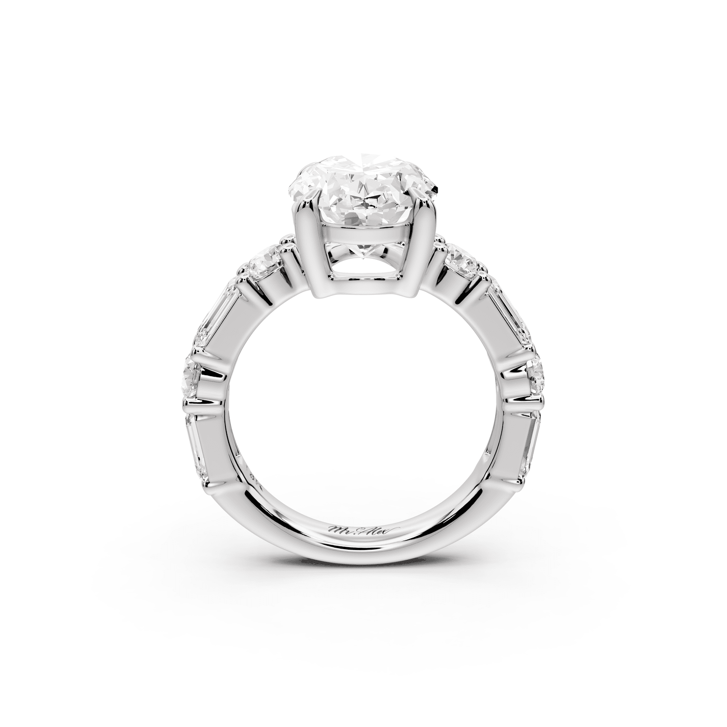 Juliette - 4ct platinum oval with Alternating Round and Emerald 8 - Stone Band Engagement Ring - Mr. Alex Jewelry