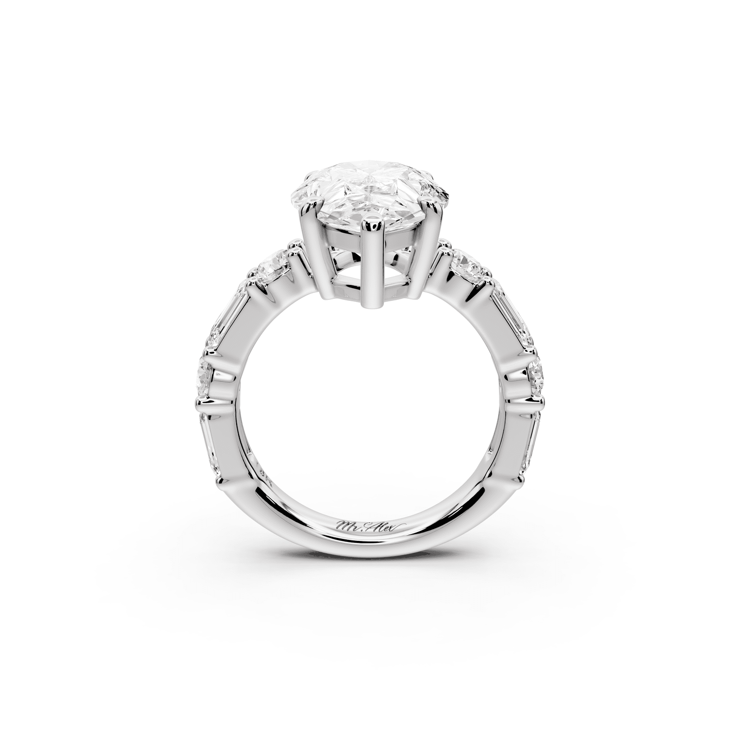 Juliette - 4ct platinum pear with Alternating Round and Emerald 8 - Stone Band Engagement Ring - Mr. Alex Jewelry
