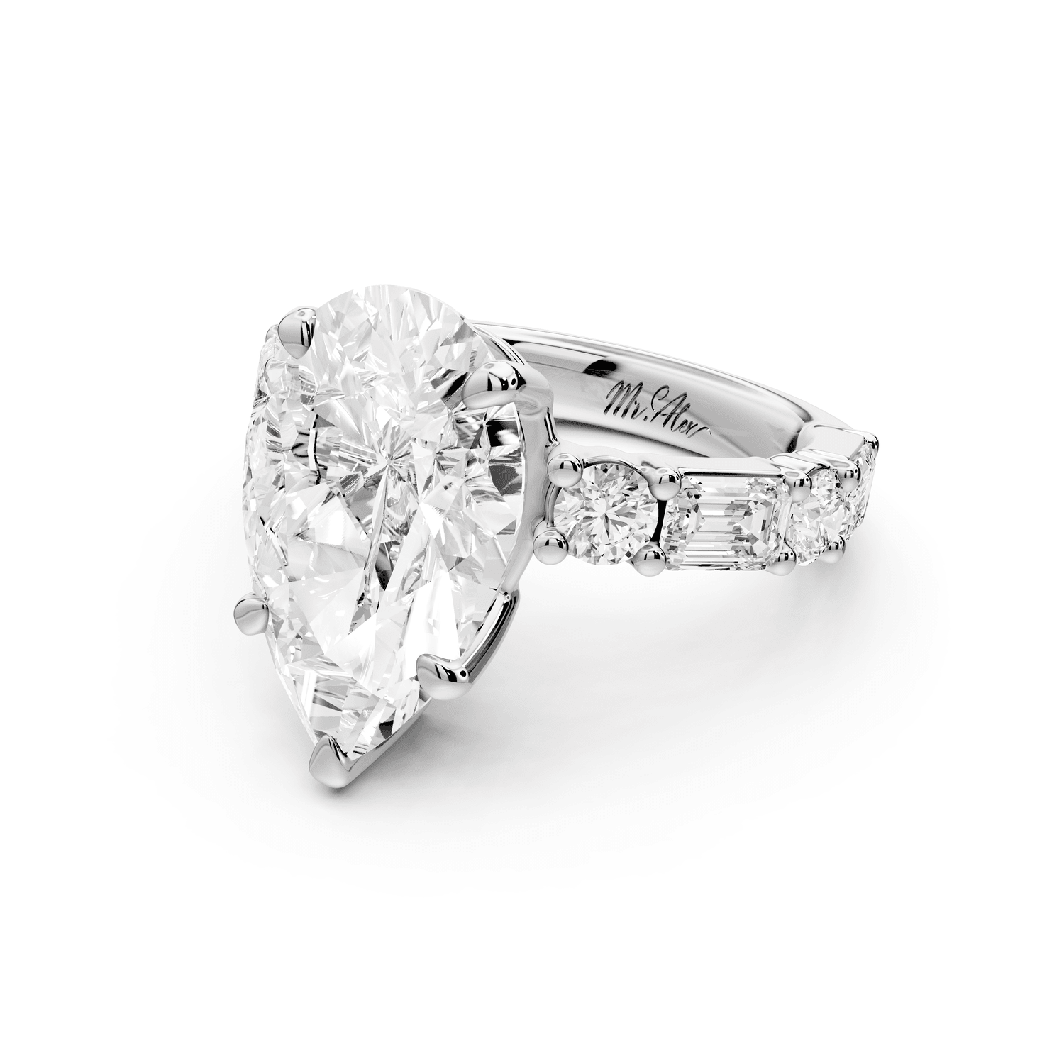 Juliette - 4ct platinum pear with Alternating Round and Emerald 8 - Stone Band Engagement Ring - Mr. Alex Jewelry