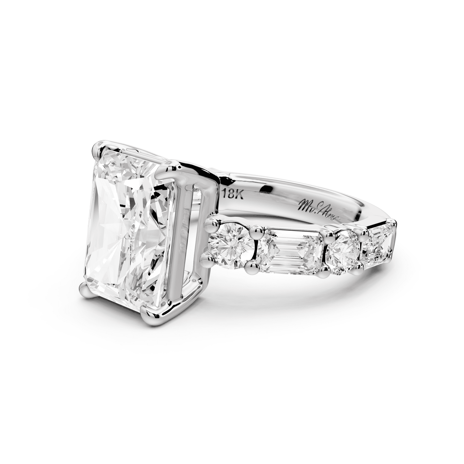Juliette - 4ct platinum radiant with Alternating Round and Emerald 8 - Stone Band Engagement Ring - Mr. Alex Jewelry