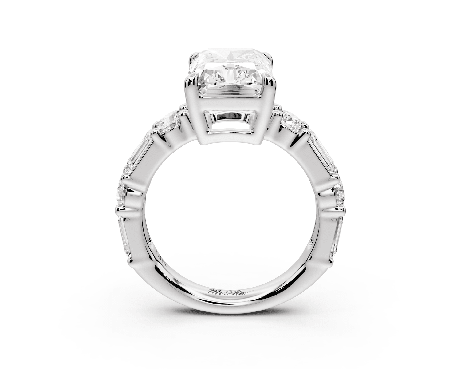 Juliette - 4ct platinum radiant with Alternating Round and Emerald 8 - Stone Band Engagement Ring - Mr. Alex Jewelry
