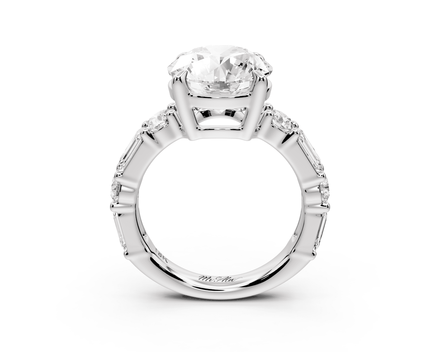 Juliette - 4ct platinum round with Alternating Round and Emerald 8 - Stone Band Engagement Ring - Mr. Alex Jewelry