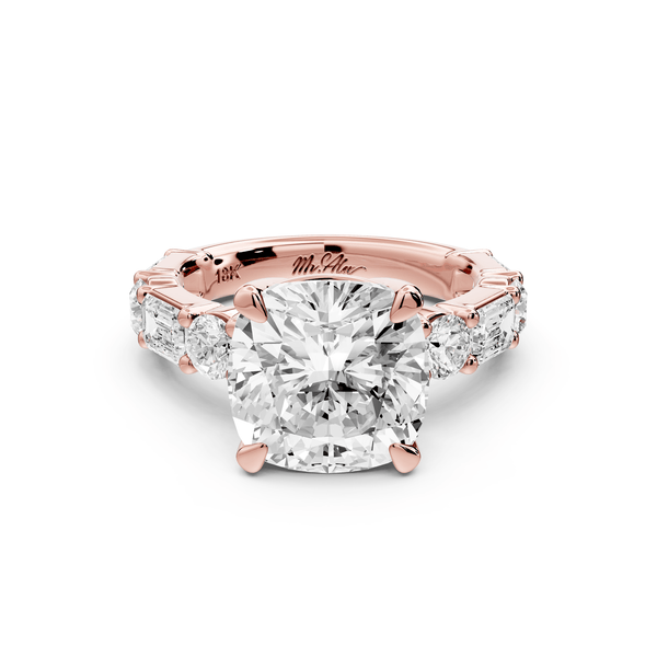 Juliette - 5ct 14k rose gold cushion with Alternating Round and Emerald 8 - Stone Band Engagement Ring - Mr. Alex Jewelry
