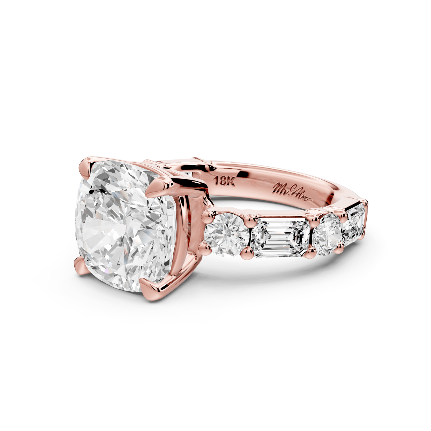 Juliette - 5ct 14k rose gold cushion with Alternating Round and Emerald 8 - Stone Band Engagement Ring - Mr. Alex Jewelry