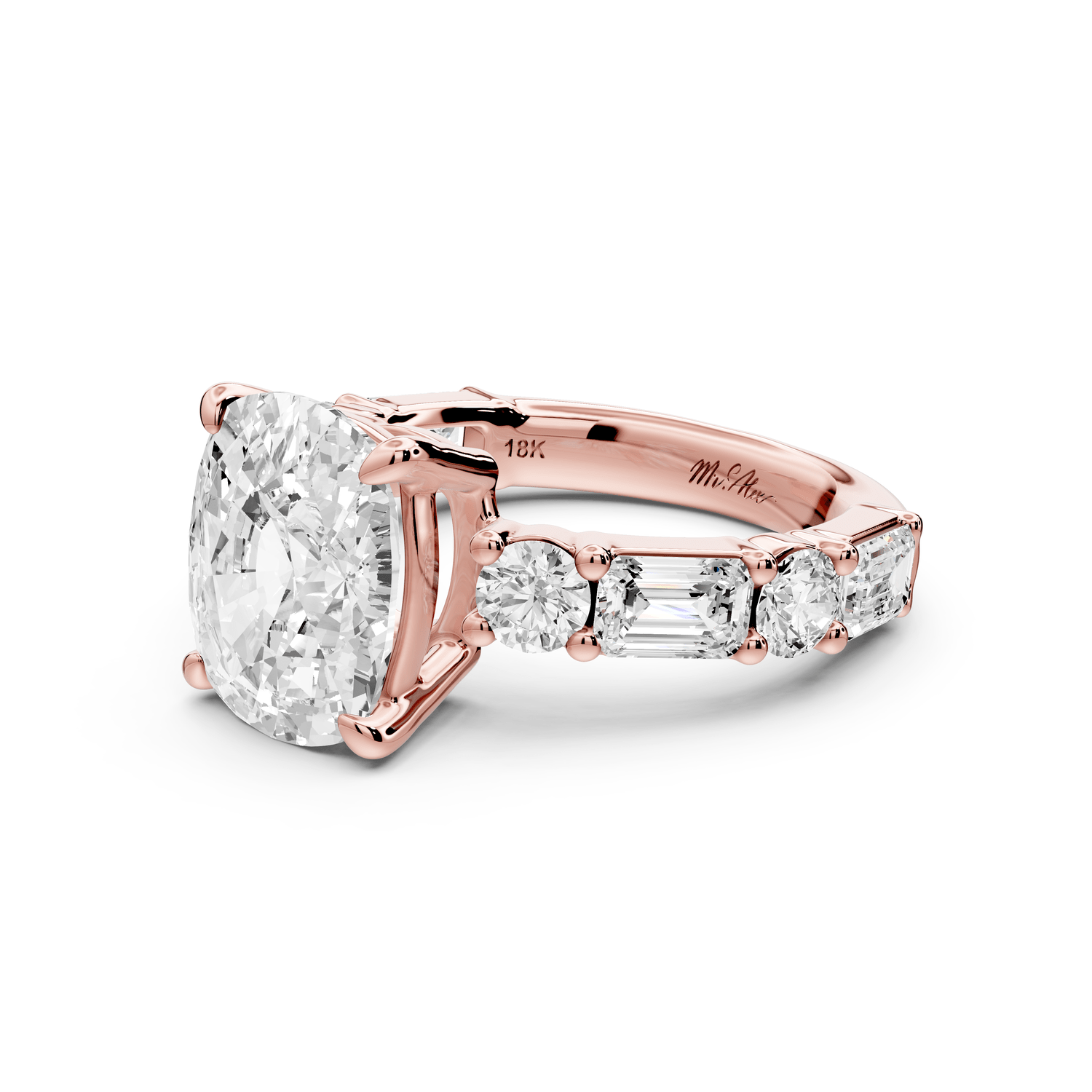 Juliette - 5ct 14k rose gold ecushion with Alternating Round and Emerald 8 - Stone Band Engagement Ring - Mr. Alex Jewelry