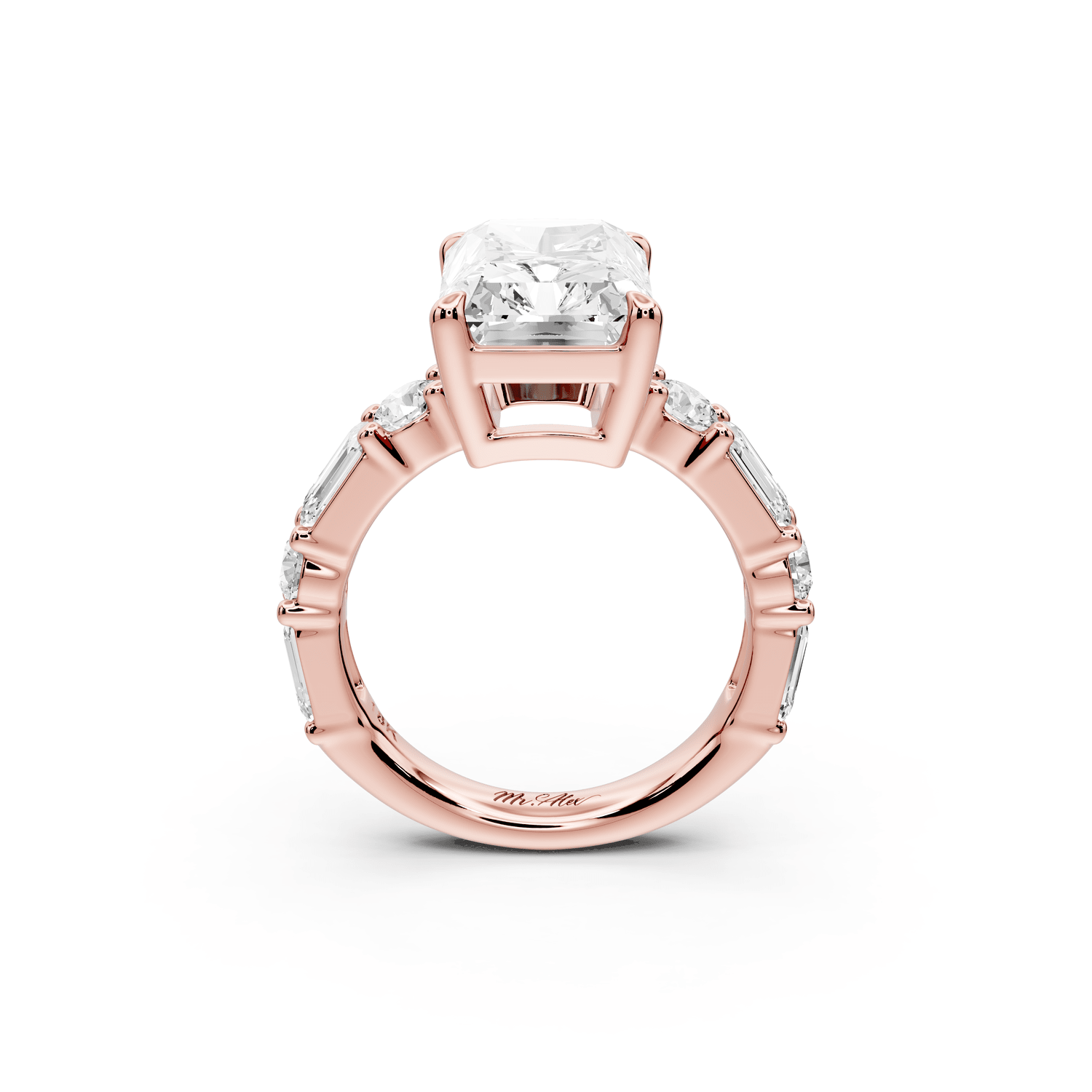 Juliette - 5ct 14k rose gold radiant with Alternating Round and Emerald 8 - Stone Band Engagement Ring - Mr. Alex Jewelry