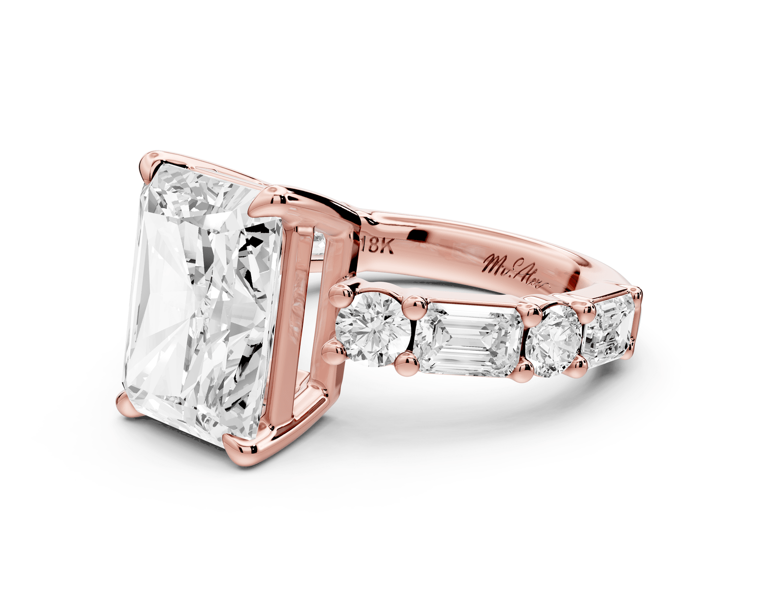 Juliette - 5ct 14k rose gold radiant with Alternating Round and Emerald 8 - Stone Band Engagement Ring - Mr. Alex Jewelry