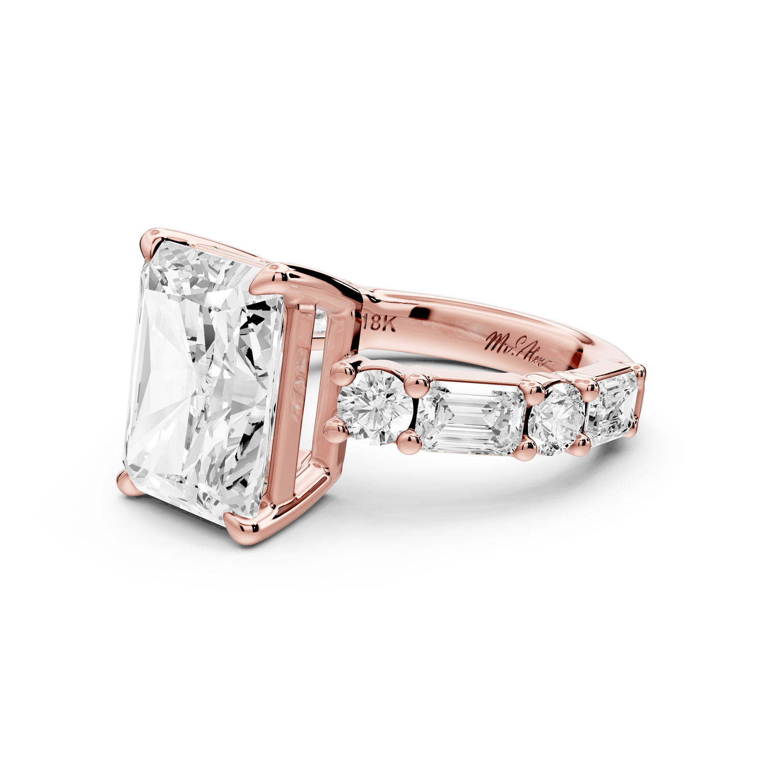 Juliette - 5ct 14k rose gold radiant with Alternating Round and Emerald 8 - Stone Band Engagement Ring - Mr. Alex Jewelry