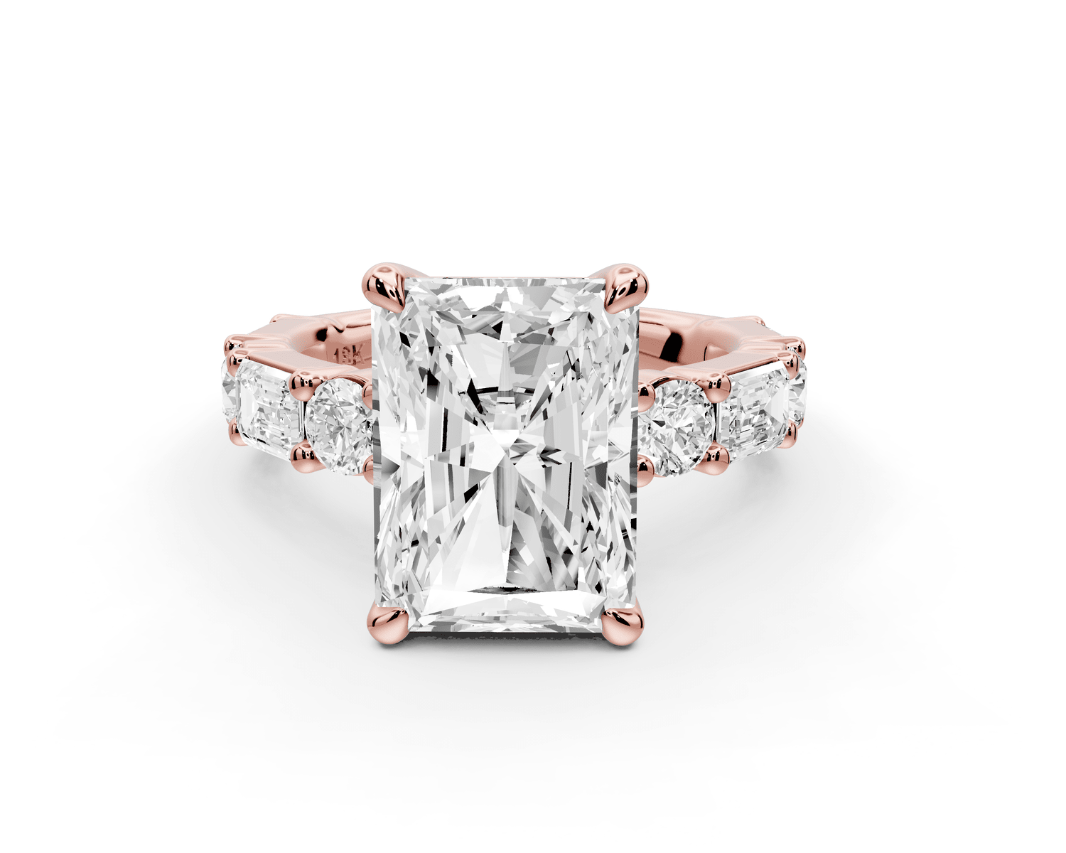Juliette - 5ct 14k rose gold radiant with Alternating Round and Emerald 8 - Stone Band Engagement Ring - Mr. Alex Jewelry