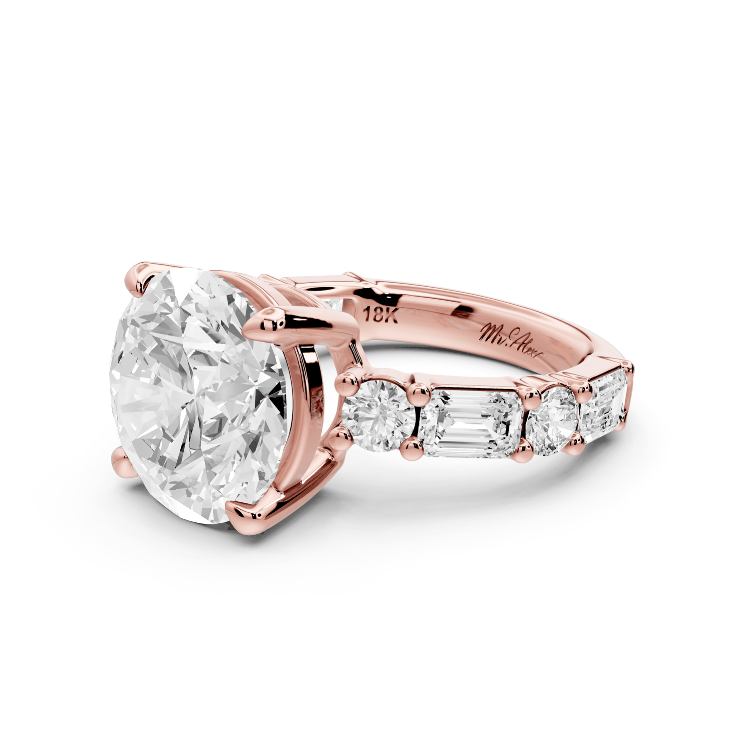 Juliette - 5ct 14k rose gold round with Alternating Round and Emerald 8 - Stone Band Engagement Ring - Mr. Alex Jewelry