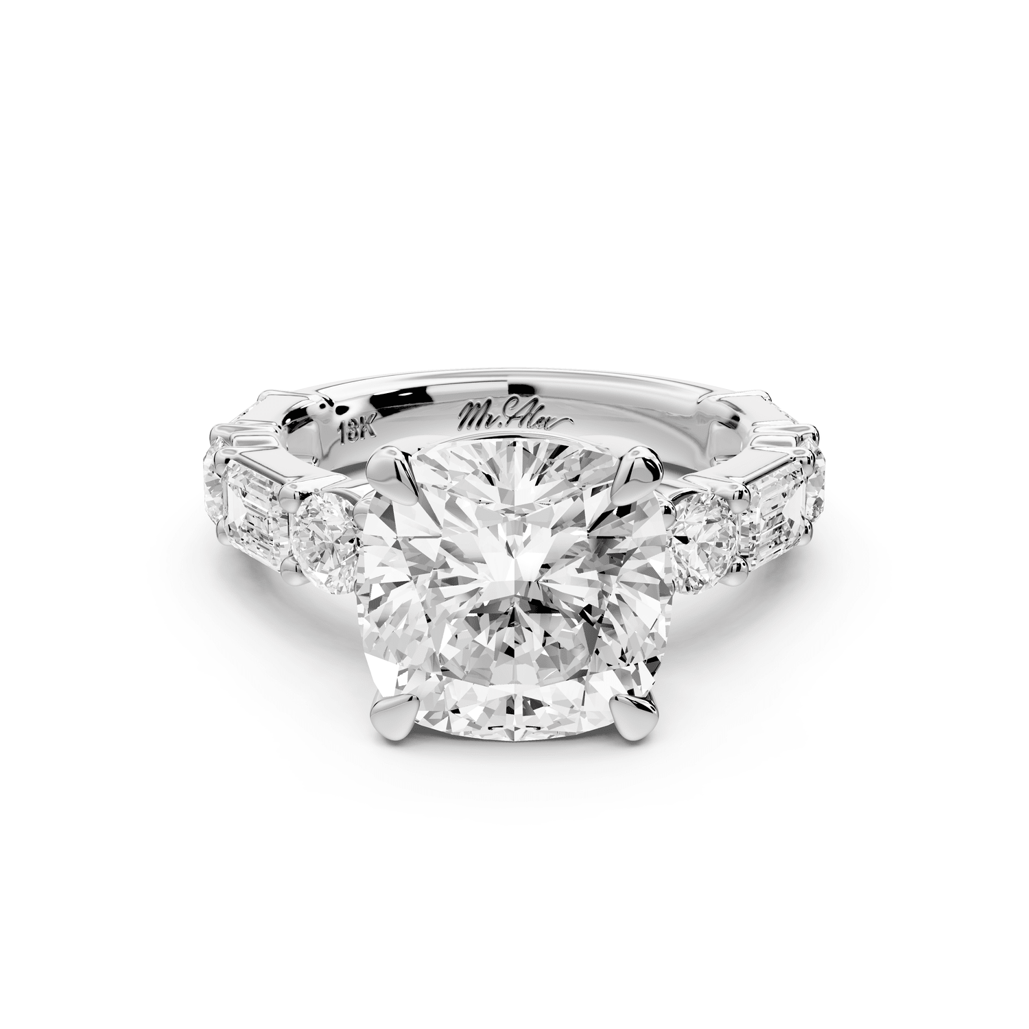 Juliette - 5ct 14k white gold cushion with Alternating Round and Emerald 8 - Stone Band Engagement Ring - Mr. Alex Jewelry