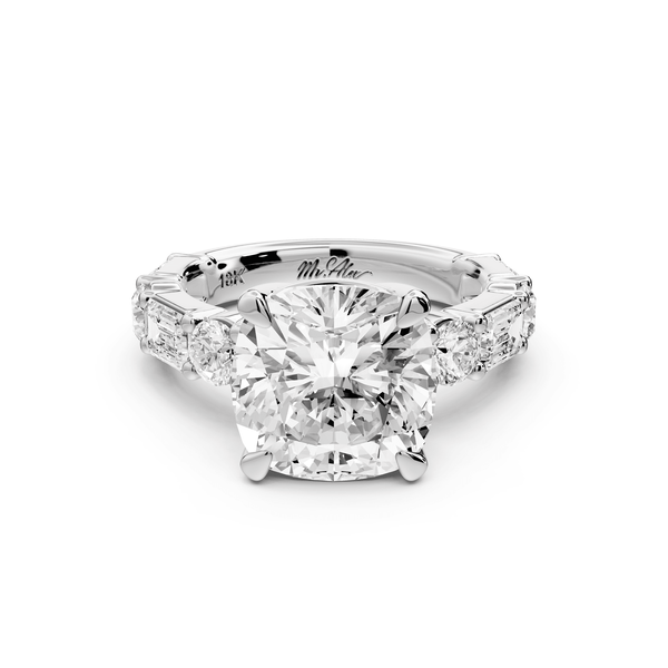 Juliette - 5ct 14k white gold cushion with Alternating Round and Emerald 8 - Stone Band Engagement Ring - Mr. Alex Jewelry