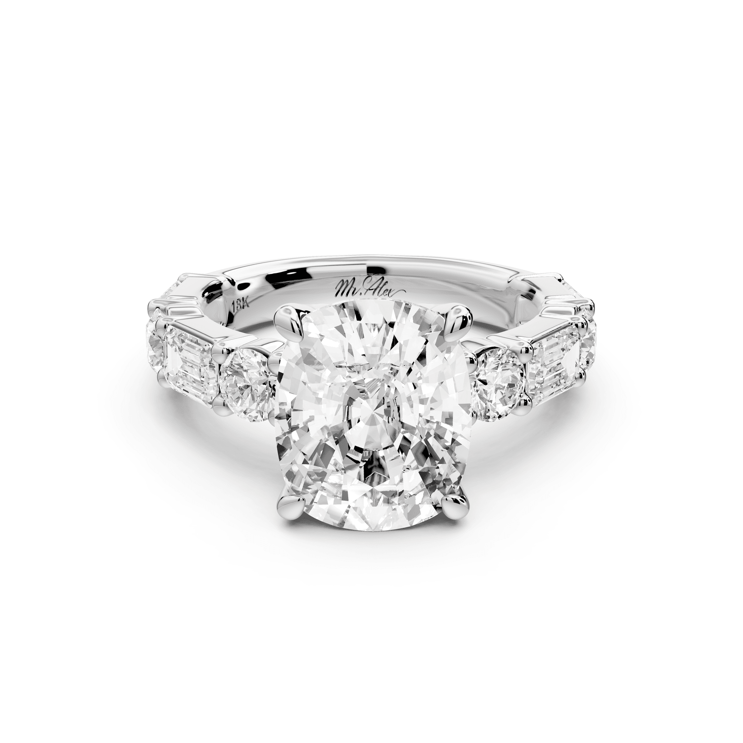 Juliette - 5ct 14k white gold ecushion with Alternating Round and Emerald 8 - Stone Band Engagement Ring - Mr. Alex Jewelry
