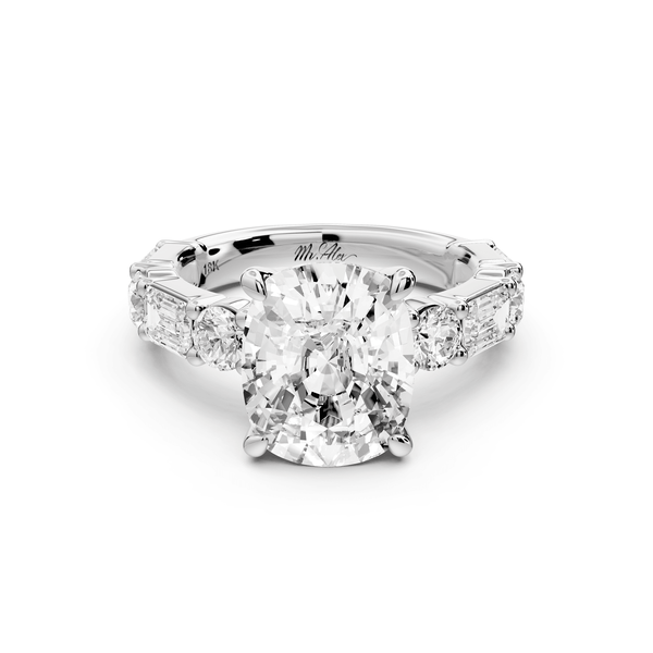 Juliette - 5ct 14k white gold ecushion with Alternating Round and Emerald 8 - Stone Band Engagement Ring - Mr. Alex Jewelry