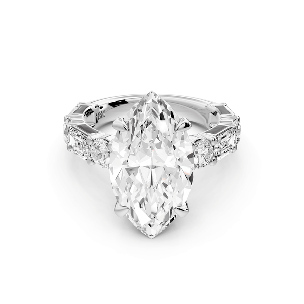 Juliette - 5ct 14k white gold marquise with Alternating Round and Emerald 8 - Stone Band Engagement Ring - Mr. Alex Jewelry