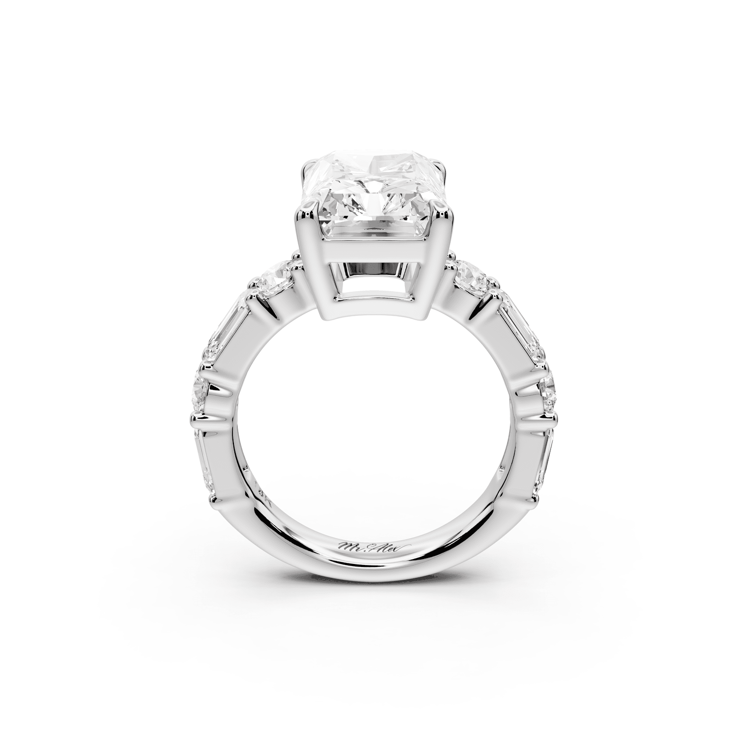Juliette - 5ct 14k white gold radiant with Alternating Round and Emerald 8 - Stone Band Engagement Ring - Mr. Alex Jewelry