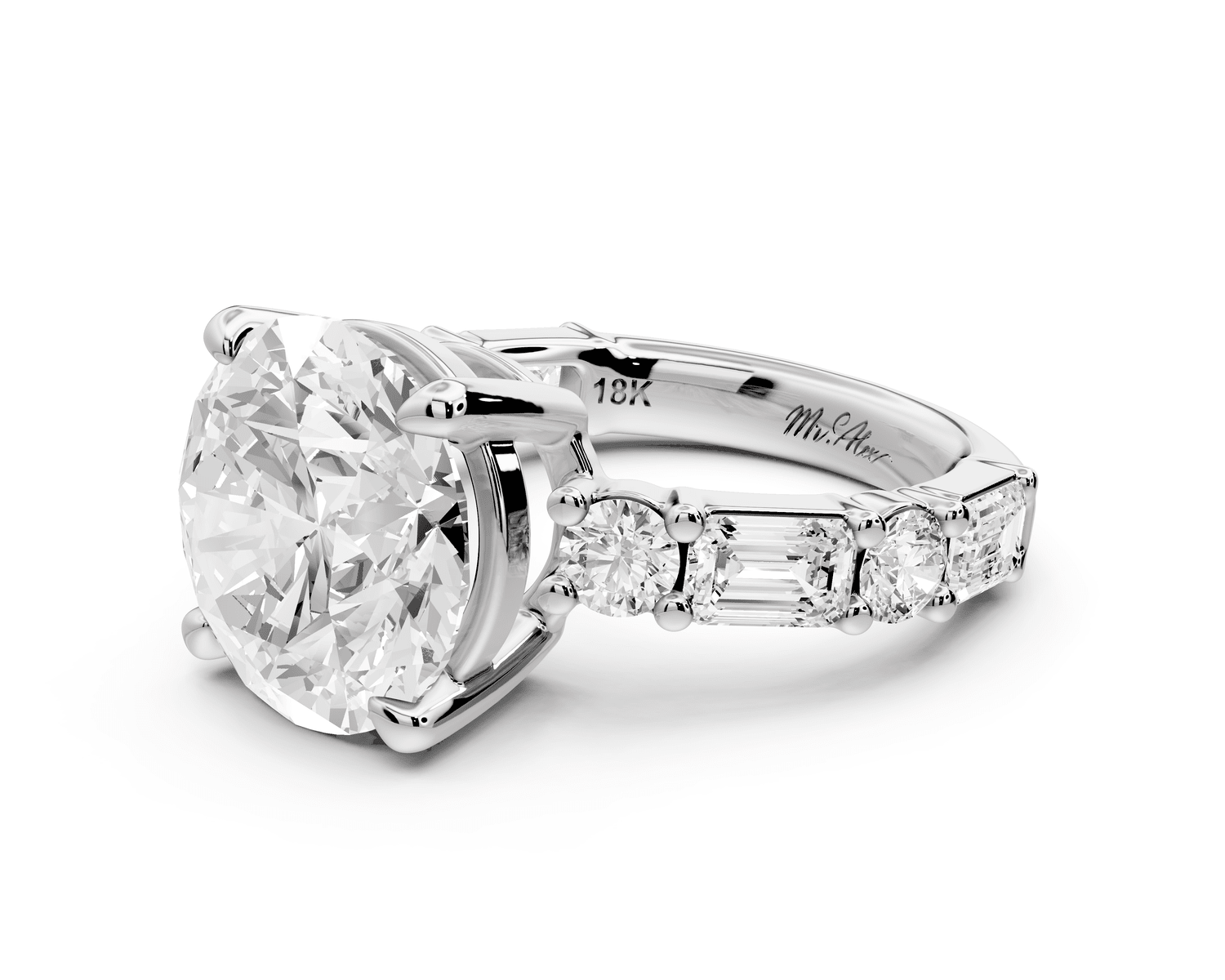 Juliette - 5ct 14k white gold round with Alternating Round and Emerald 8 - Stone Band Engagement Ring - Mr. Alex Jewelry