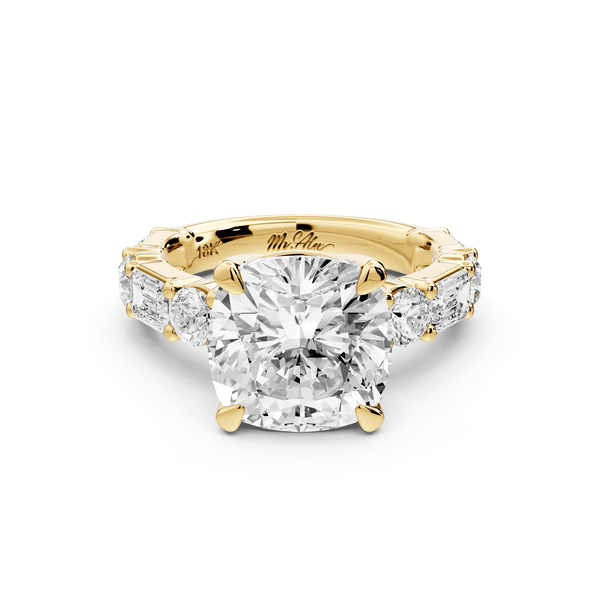 Juliette - 5ct 14k yellow gold cushion with Alternating Round and Emerald 8 - Stone Band Engagement Ring - Mr. Alex Jewelry