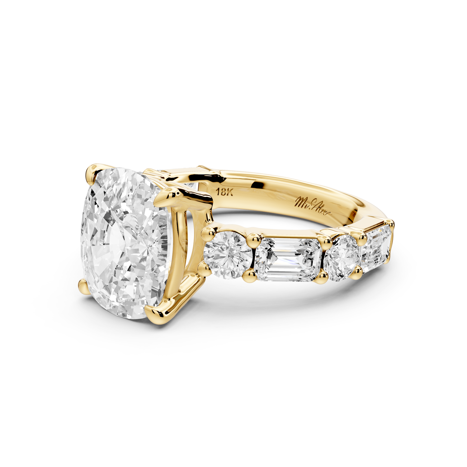 Juliette - 5ct 14k yellow gold ecushion with Alternating Round and Emerald 8 - Stone Band Engagement Ring - Mr. Alex Jewelry