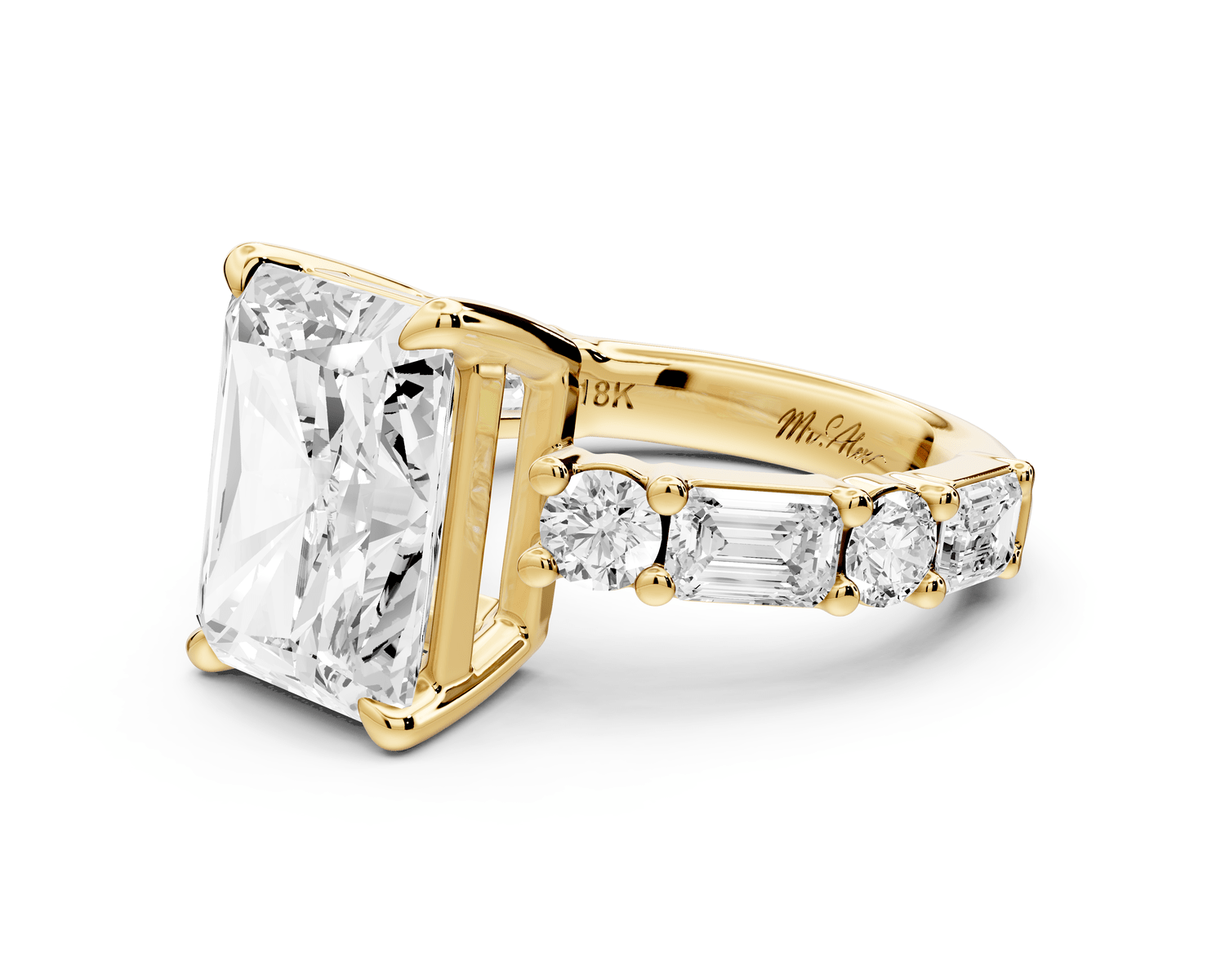 Juliette - 5ct 14k yellow gold radiant with Alternating Round and Emerald 8 - Stone Band Engagement Ring - Mr. Alex Jewelry