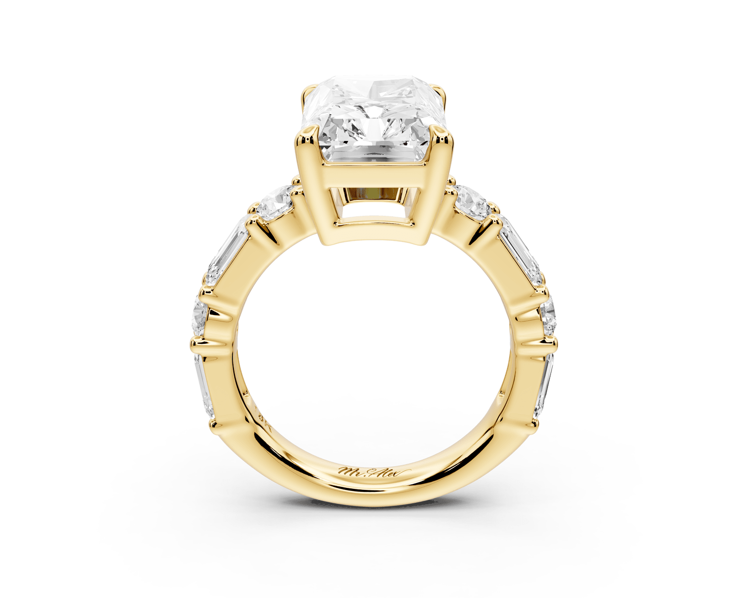 Juliette - 5ct 14k yellow gold radiant with Alternating Round and Emerald 8 - Stone Band Engagement Ring - Mr. Alex Jewelry