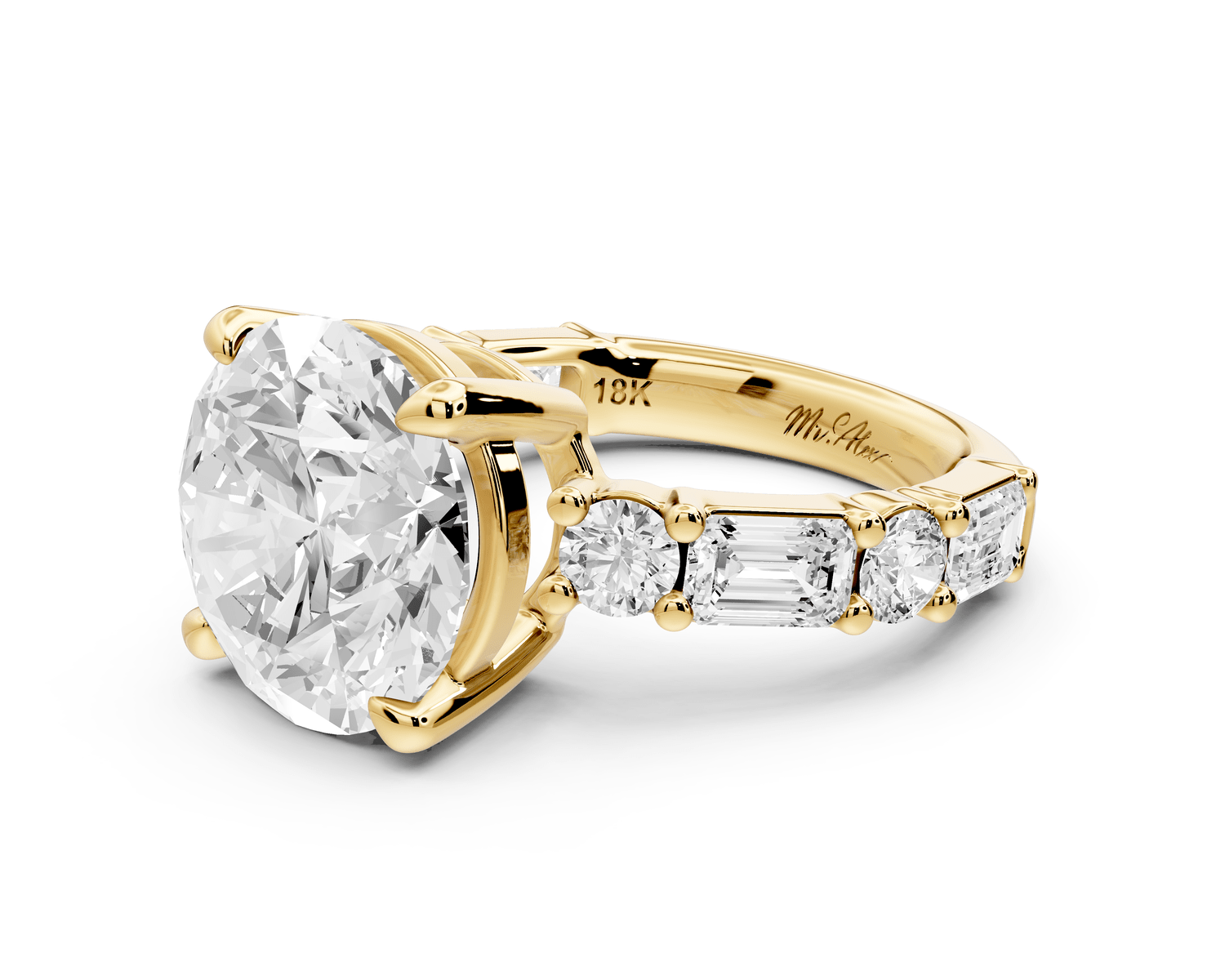Juliette - 5ct 14k yellow gold round with Alternating Round and Emerald 8 - Stone Band Engagement Ring - Mr. Alex Jewelry