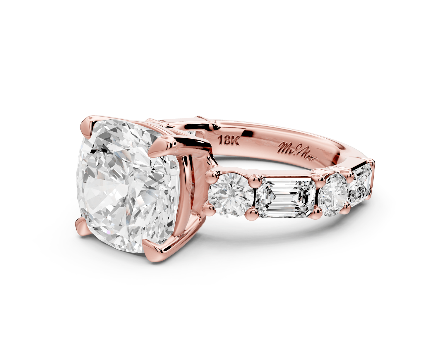 Juliette - 5ct 18k rose gold cushion with Alternating Round and Emerald 8 - Stone Band Engagement Ring - Mr. Alex Jewelry