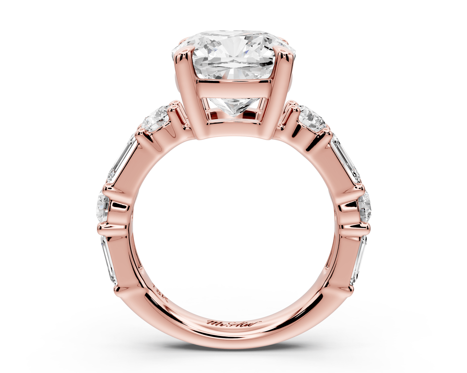 Juliette - 5ct 18k rose gold cushion with Alternating Round and Emerald 8 - Stone Band Engagement Ring - Mr. Alex Jewelry