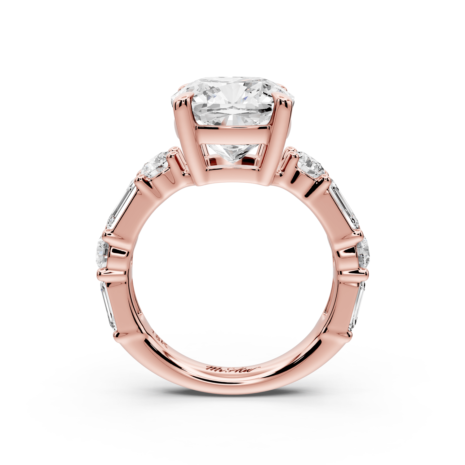 Juliette - 5ct 18k rose gold cushion with Alternating Round and Emerald 8 - Stone Band Engagement Ring - Mr. Alex Jewelry