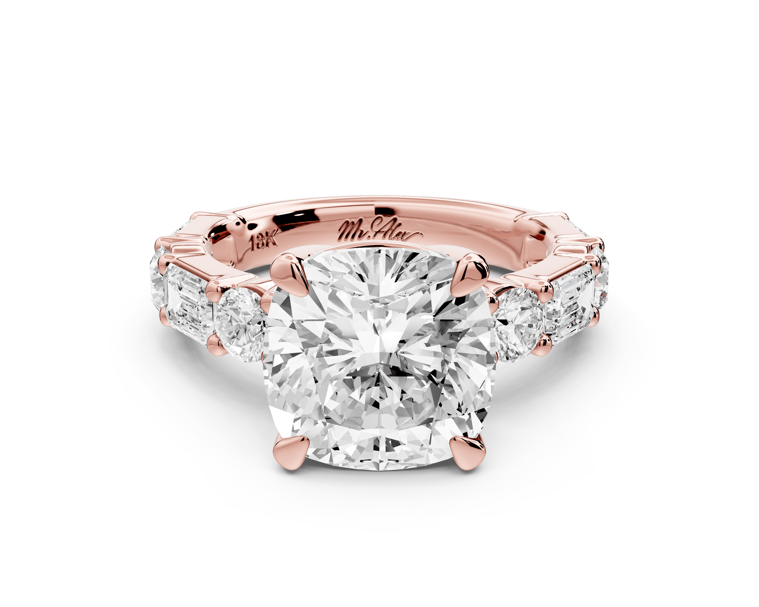 Juliette - 5ct 18k rose gold cushion with Alternating Round and Emerald 8 - Stone Band Engagement Ring - Mr. Alex Jewelry