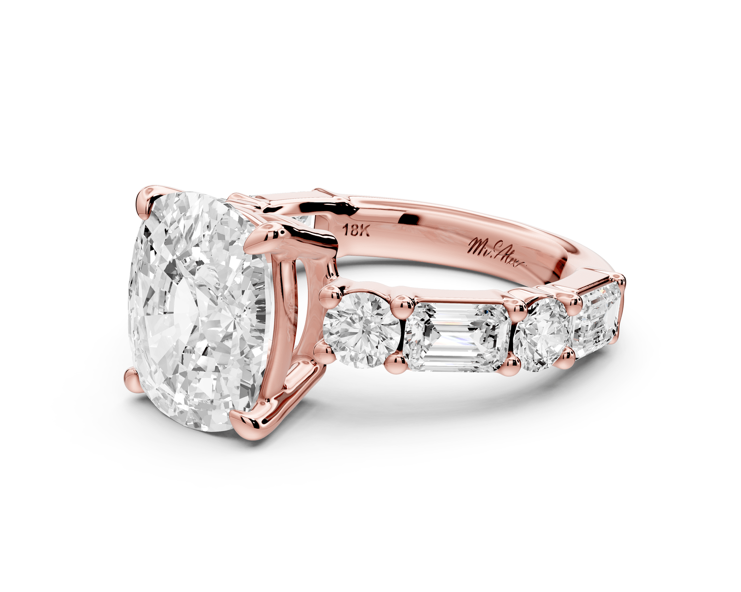 Juliette - 5ct 18k rose gold ecushion with Alternating Round and Emerald 8 - Stone Band Engagement Ring - Mr. Alex Jewelry