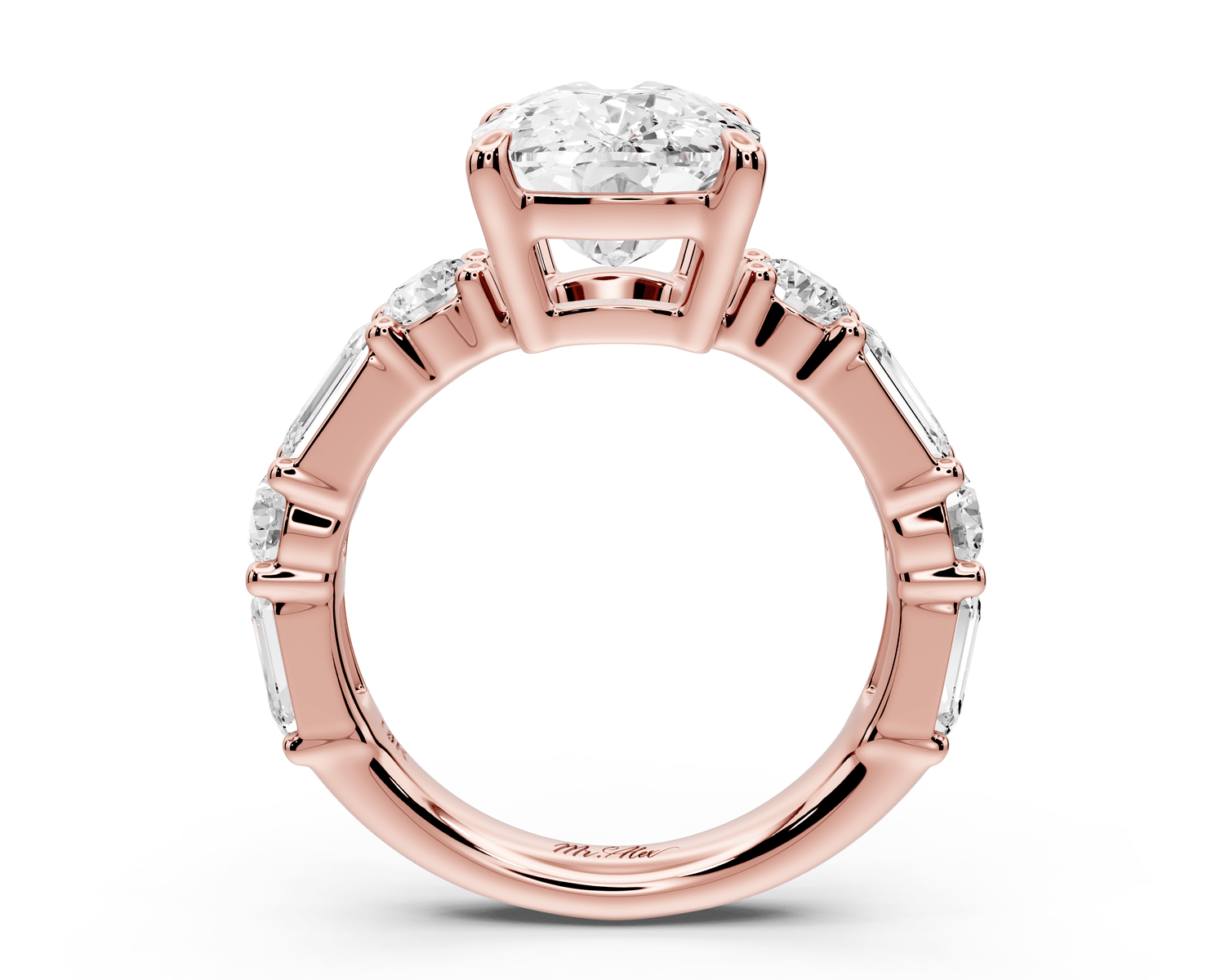 Juliette - 5ct 18k rose gold ecushion with Alternating Round and Emerald 8 - Stone Band Engagement Ring - Mr. Alex Jewelry